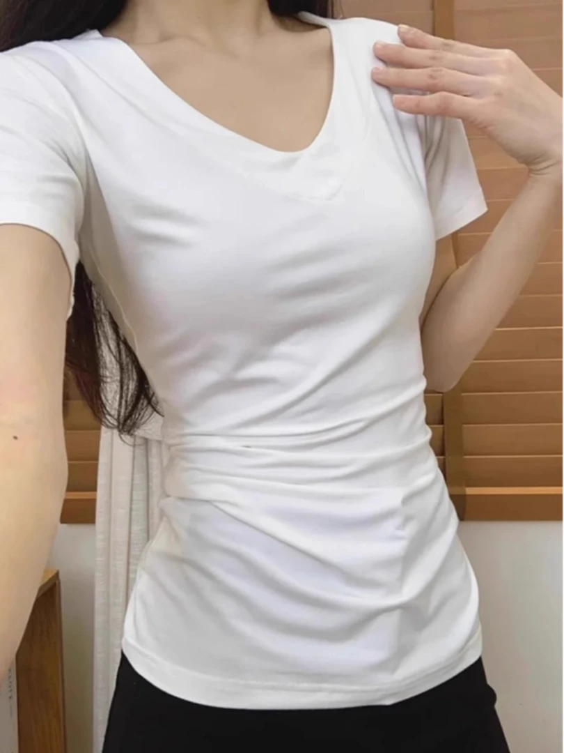 辣妹紧身收腰短袖T恤女夏季韩版修身打底衫内搭白色V领半袖上衣潮