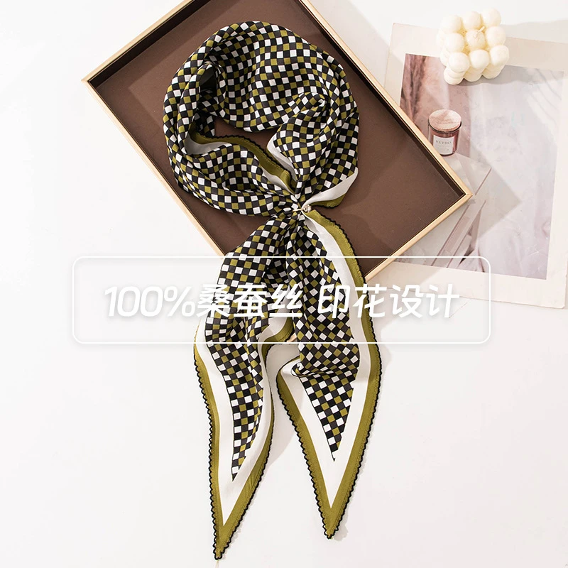 花边双绉菱形巾桑蚕丝丝巾女通勤气质优雅新款围脖包包装饰巾