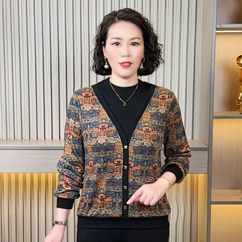 中老年妈妈装秋季新款时尚假两件洋气长袖上衣女气质百搭大码显瘦
