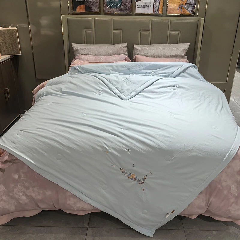 【悦达家纺】《微杼-蓝》绣花薄荷夏凉被简约纯色