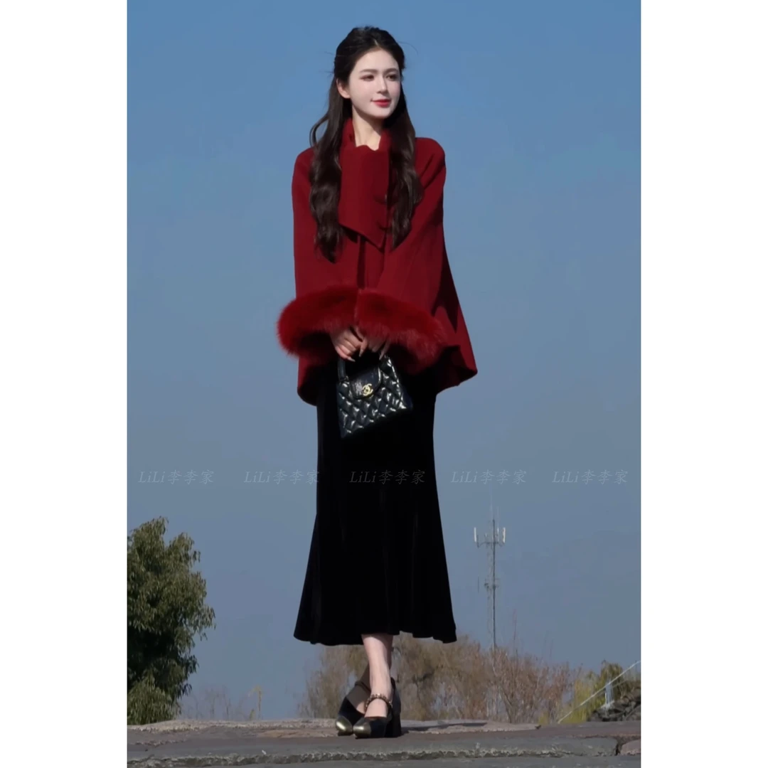 LiLi李李家【小鱼尾】法式复古秋冬显瘦丝绒鱼尾半裙XMZH4063半身裙