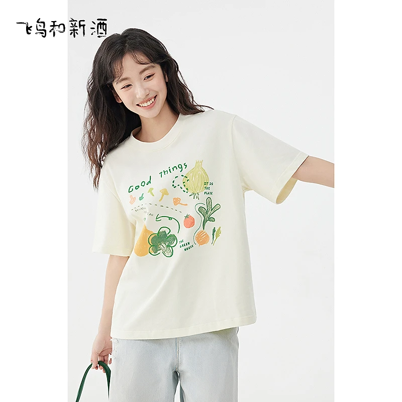 【大瑶】飞鸟和新酒圆领印花T恤女休闲小衫FD430091052