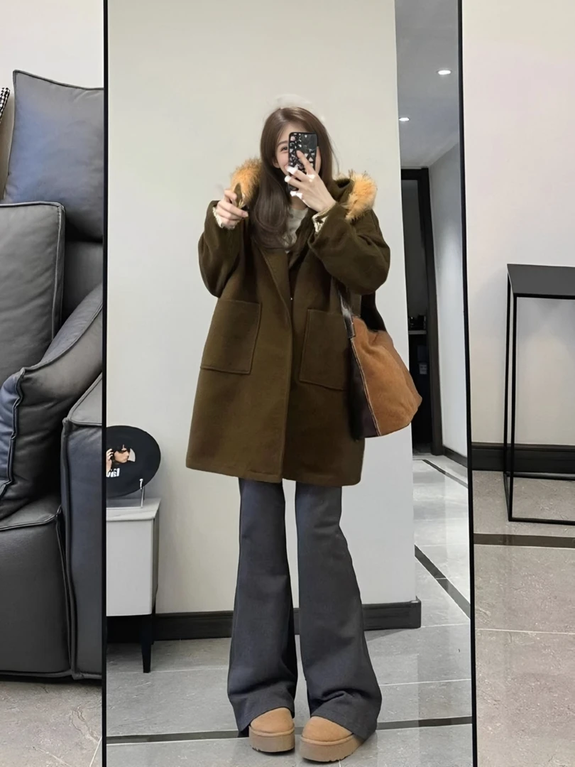 K7WIN192#赫本风连帽毛领毛呢外套女中长款秋冬高级感大衣