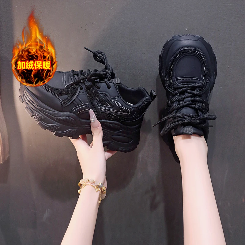 X 网红爆款时尚水钻老爹鞋冬款加绒2025新款厚底百搭休闲运动鞋子