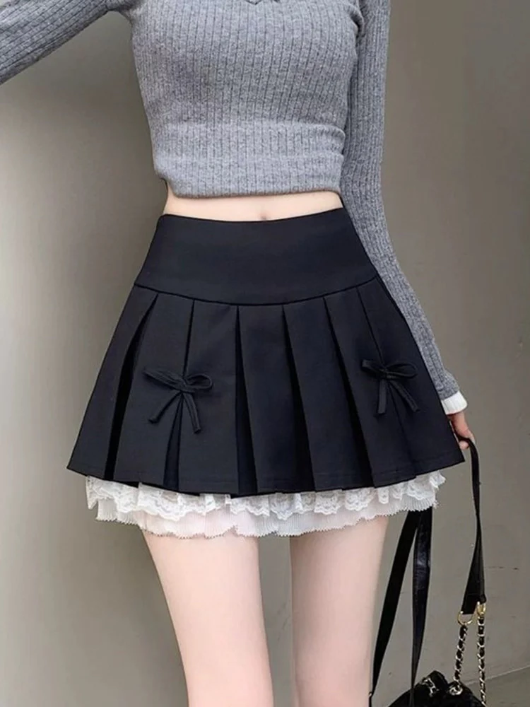 大码女装蕾丝拼接百褶半身裙高腰显瘦a字短裙气质辣妹裙裤