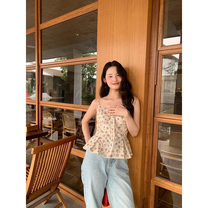 NEW OPEN 2025夏季新品韩版法式设计感收腰碎花吊带背心女外穿