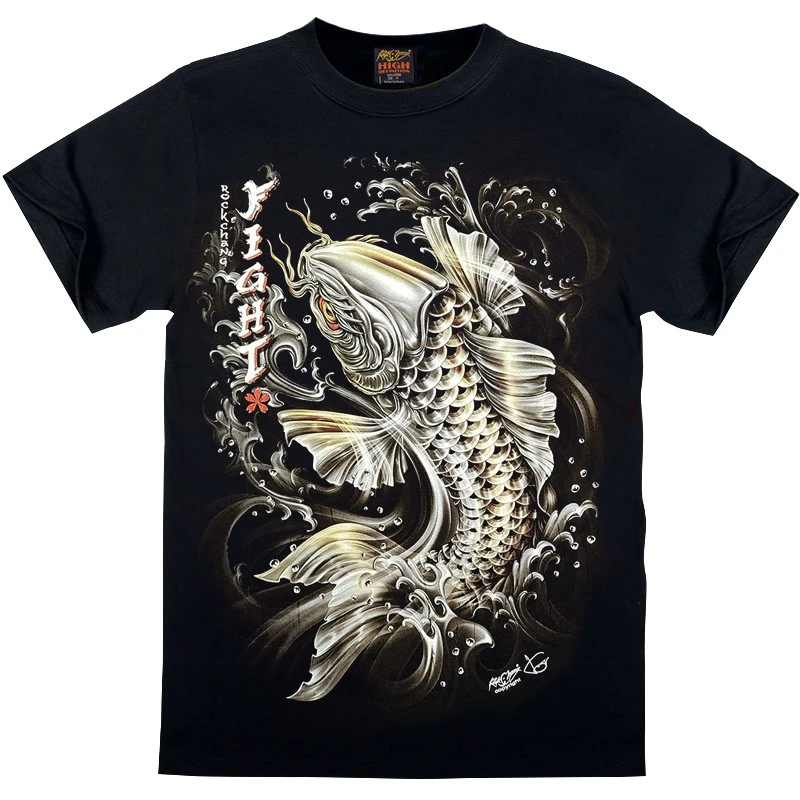 摇滚帝国锦鲤鲤鱼中国国风大图夜光休息欧美短袖男士t恤短袖上衣