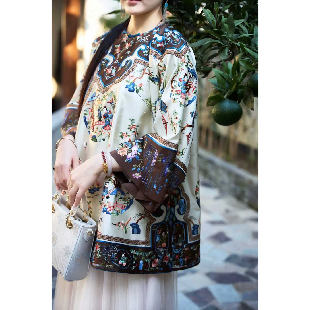 娜家·国风【百子纳福】新中式重工刺绣太太服流光琥珀色复古老钱风