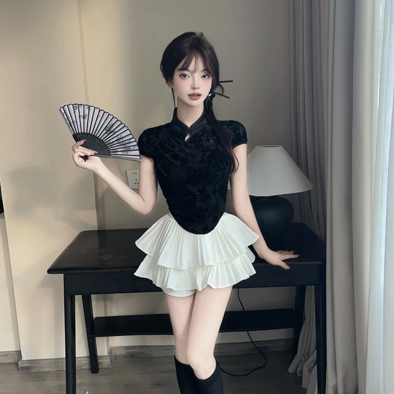 新中式中国风立领盘扣短袖旗袍套轻奢高级感旗袍上衣蛋糕裙子女装