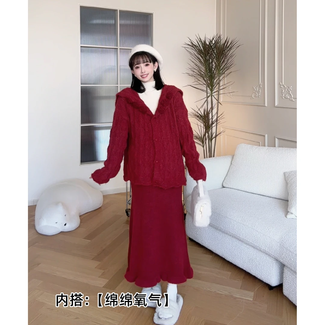 maodan/猫单清仓【酿梦故事】孕妇装时尚针织镂空毛衣半裙两件套装.