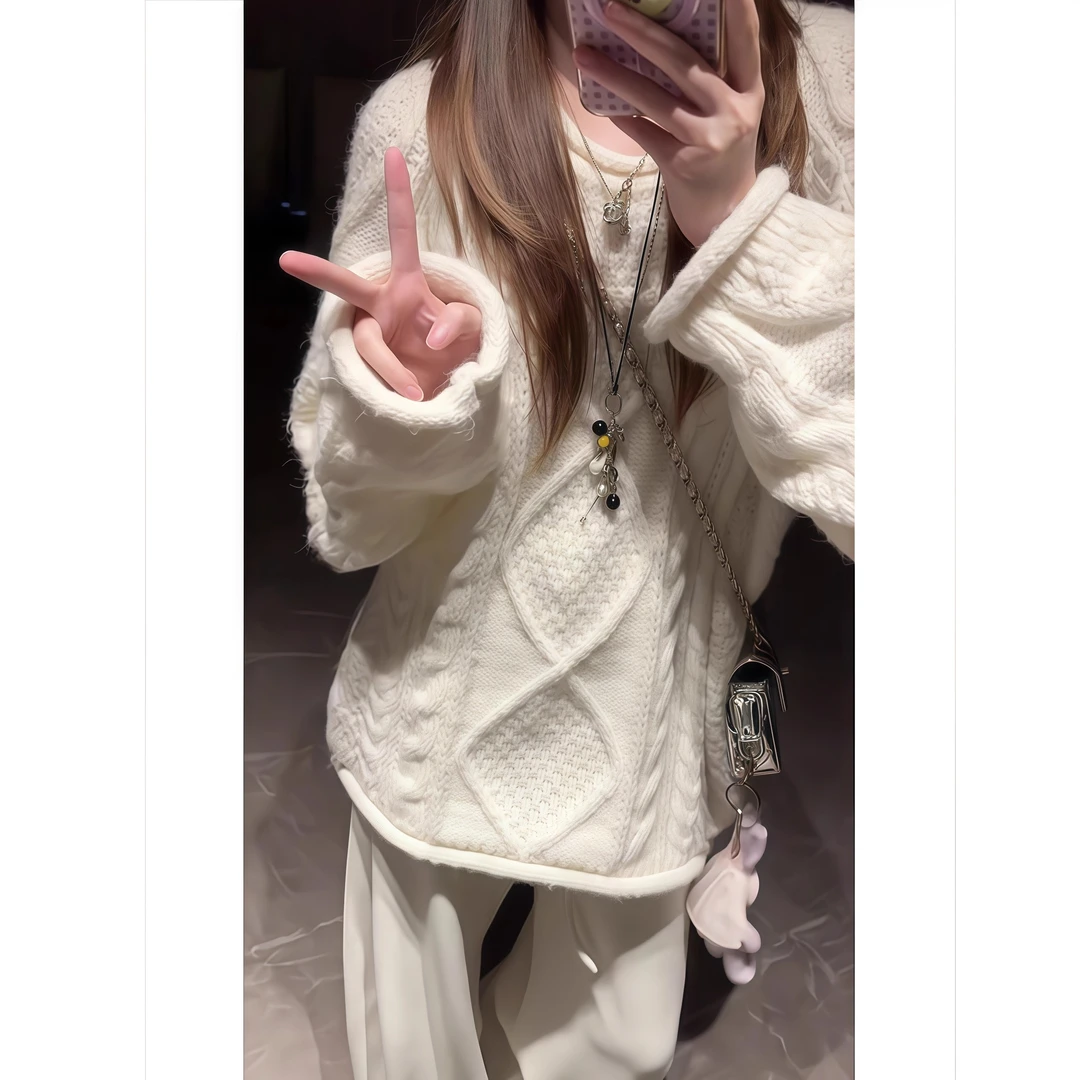 纯欲圆领长袖麻花针织衫毛衣女秋季新款慵懒风宽松显瘦中长款上衣