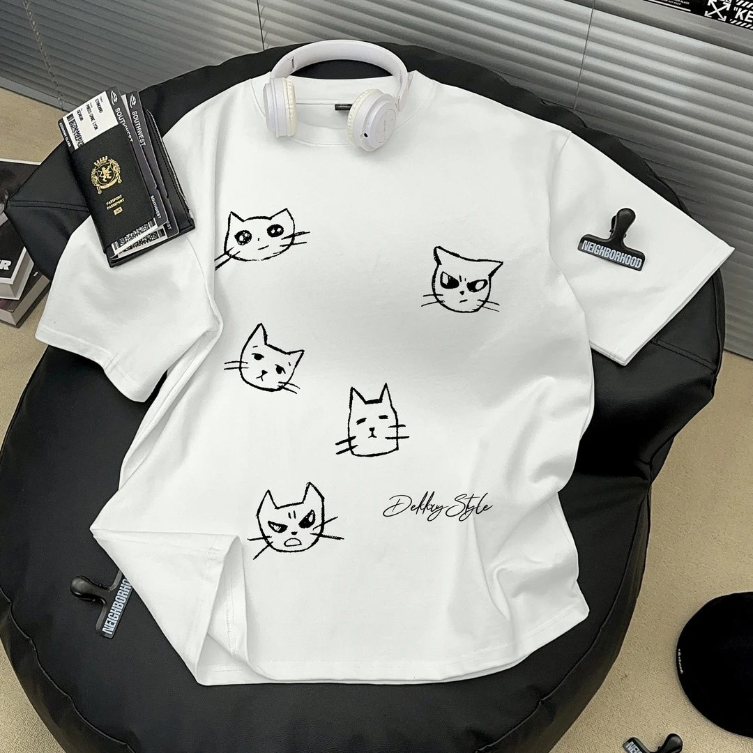 Dekkry夏季百搭舒适创意小猫宽松韩系ins纯棉圆领短袖t恤男女上衣