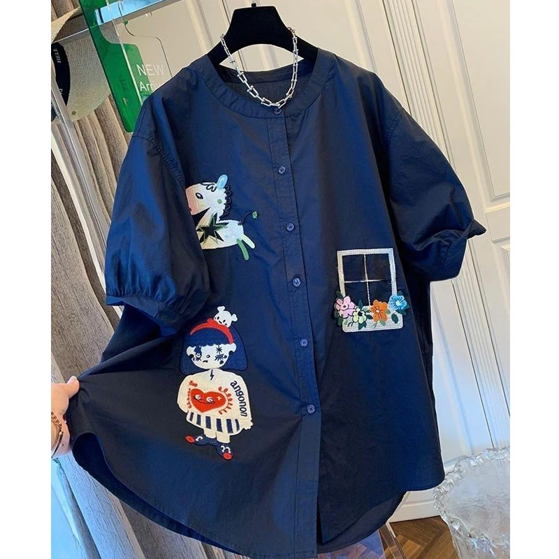 时尚独特超好看设计感刺绣短袖衬衫宽松大版上衣女装2025夏季新款