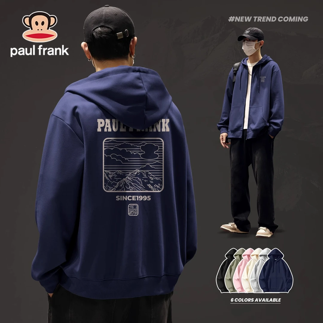 paul frank/大嘴猴男士开衫外套2025秋季美式休闲藏青色连帽卫衣