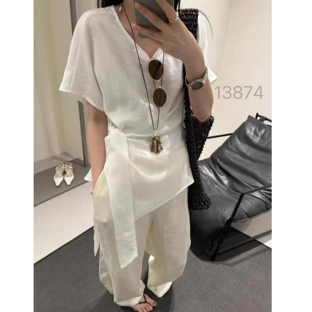 13874  SANFAN  新款腰部绑带衬衣短袖