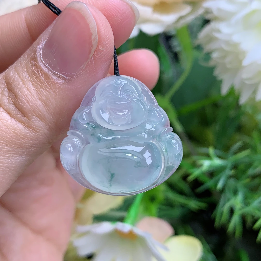 缅甸天然翡翠a货冰种起胶飘花佛公吊坠潮24.6/24.8/6.3mm
