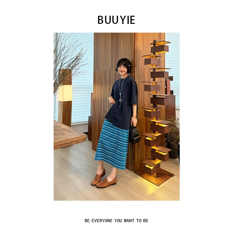 BUUYIE 25SS【海絮】简约风彩色拼色条纹百搭半身裙 250457