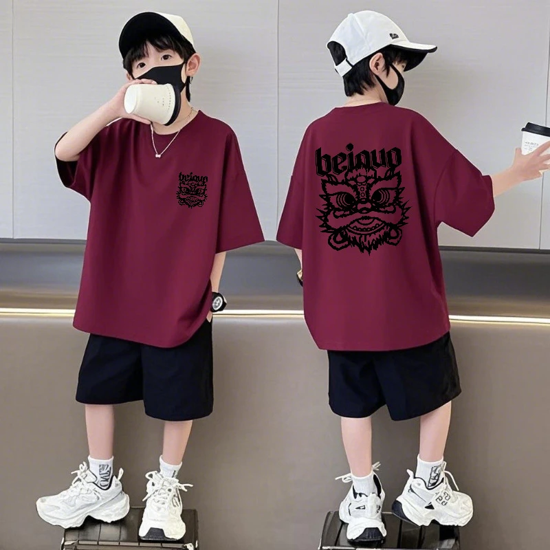 短袖两件套圆领短裤新款洋气宽松国潮儿童夏季套装男童男孩