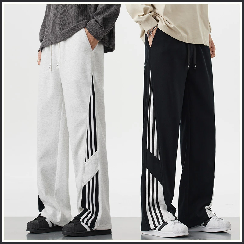 垂顺直筒休闲裤男秋季美式侧条纹针织裤伞兵工装男