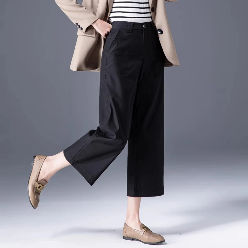 15019黑色阔腿裤裤子女2025年新款夏季高腰九分薄款直筒裤女款