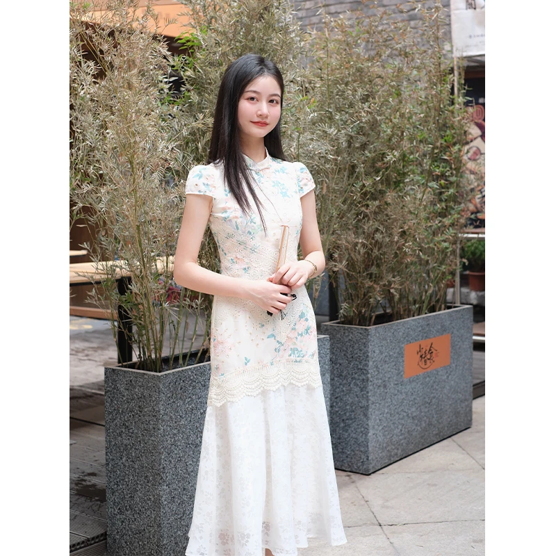 【塞纳湖畔】小个子定制夏季印花蕾丝拼接改良新中式旗袍连衣裙女