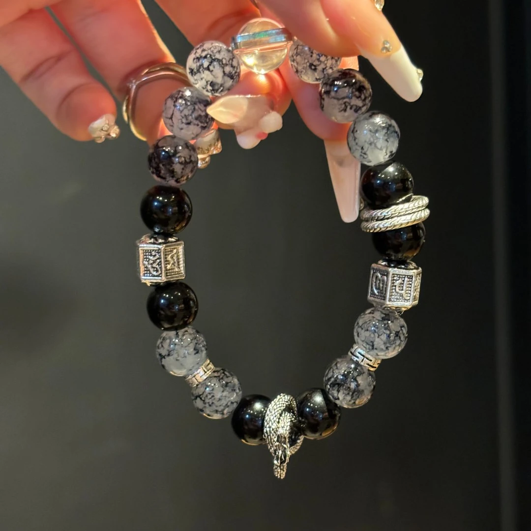 钛钢玻璃手链 龙脊玄武耀夜手链手串盘龙琉璃珠黑色男女通用复古