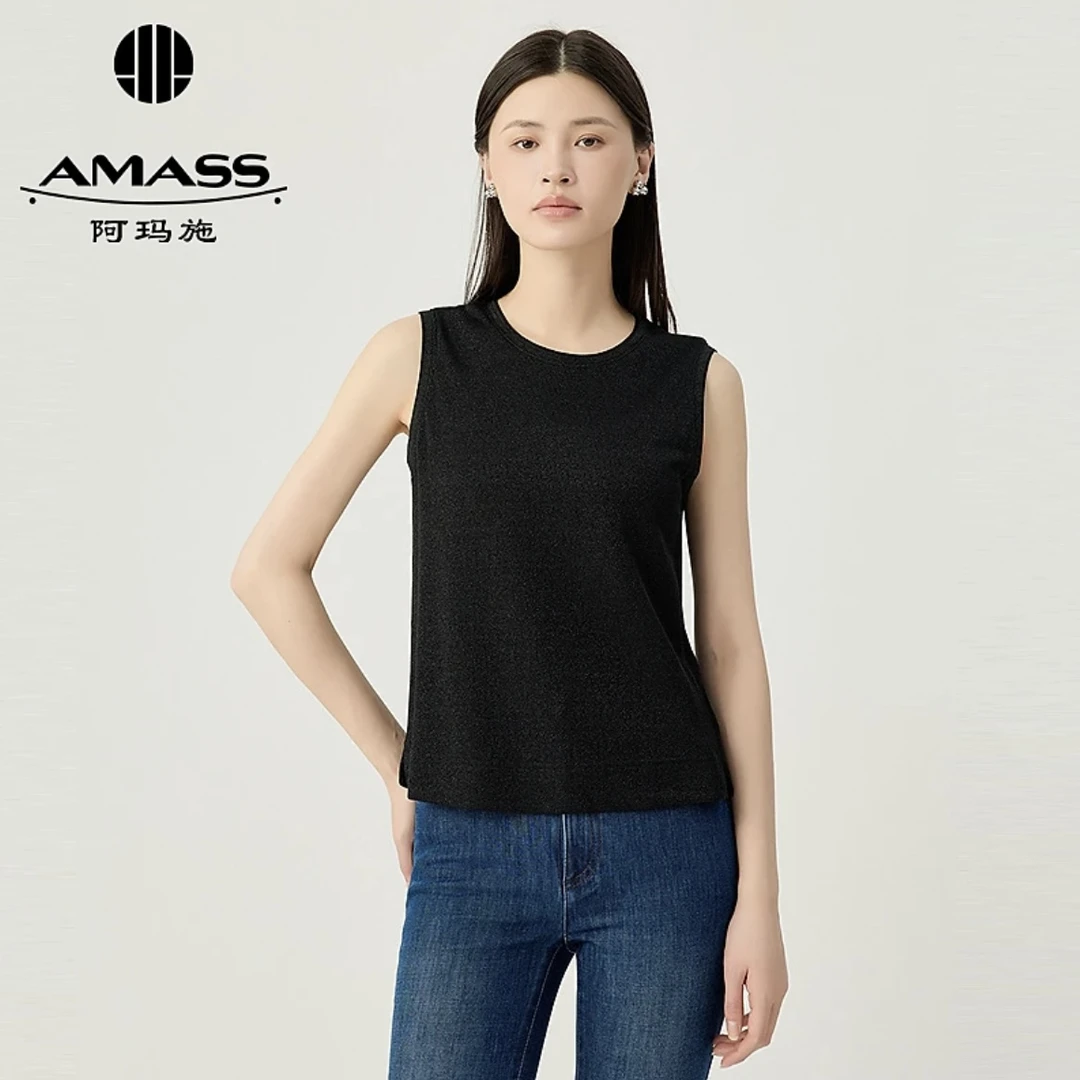 阿玛施AMASS 新款时尚简约百搭闪葱圆领套头修身打底背心女530023