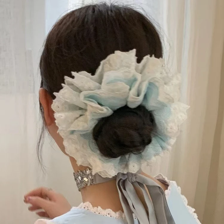 蓝色甜甜圈法式重工蕾丝精致肠圈高颜值气质甜美发饰