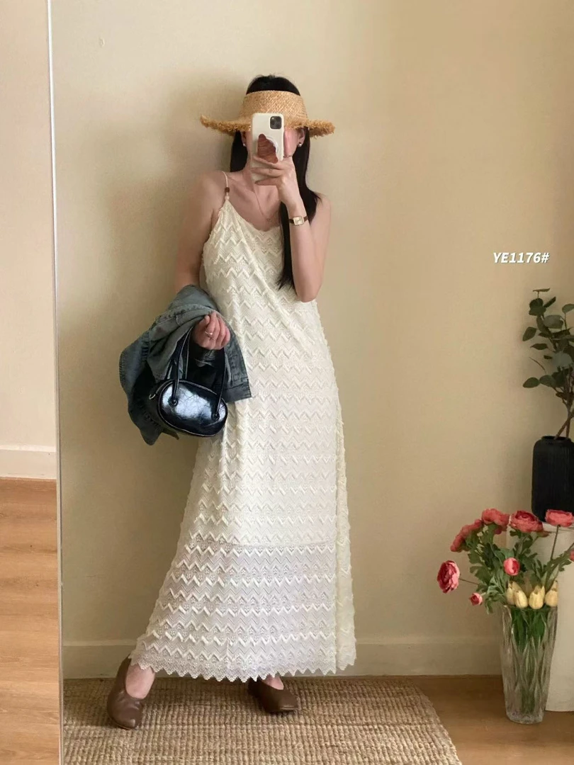【海南简爱】新款时尚百搭休闲简约蕾丝吊带连衣裙女 58013