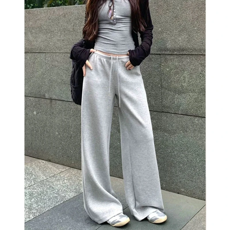 春秋季新款时尚垂感休闲裤女松紧腰抽绳直筒阔腿裤宽松拖地长裤子