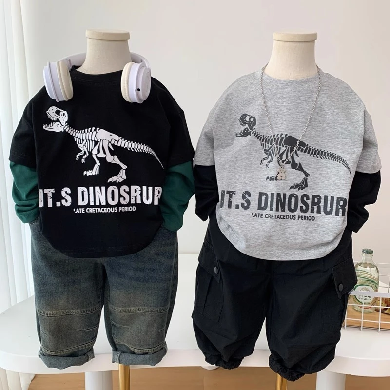 2025新款男童卡通恐龙上衣中童纯棉圆领打底衫儿童假两件T恤春装