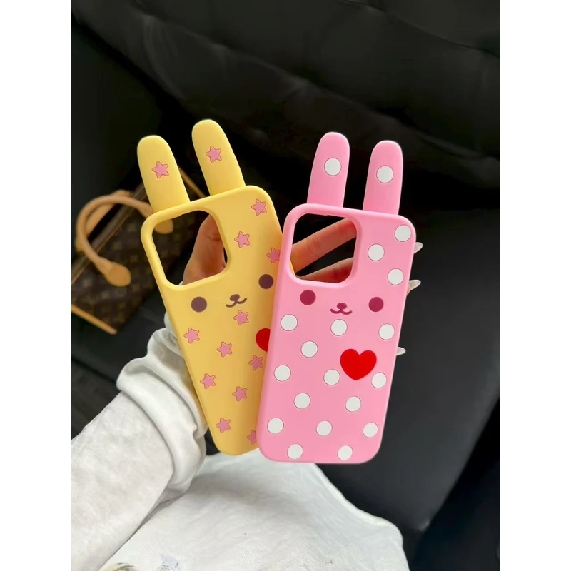 立体兔耳朵波点古早小兔防摔壳支架适用苹果16/15/14/13/12/11/17