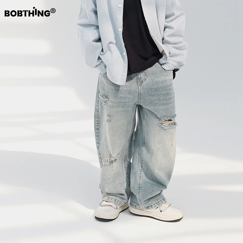 男童春装2025新款儿童破洞补丁牛仔裤直筒潮水洗浅色儿童休闲裤子