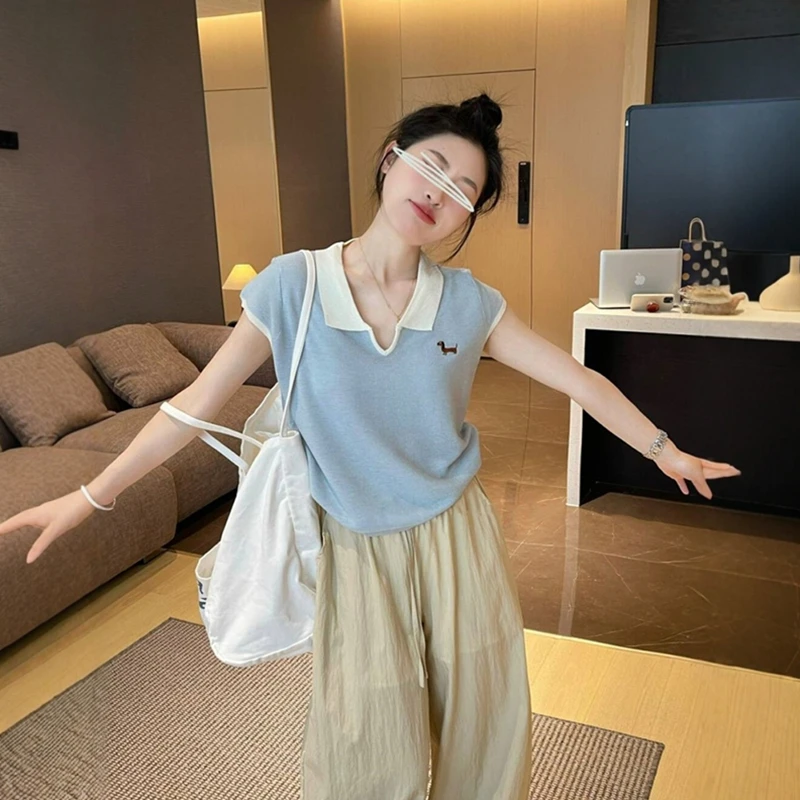 黄色Polo领t恤女夏季新款正肩撞色拼接刺绣短袖针织衫V领休闲上衣