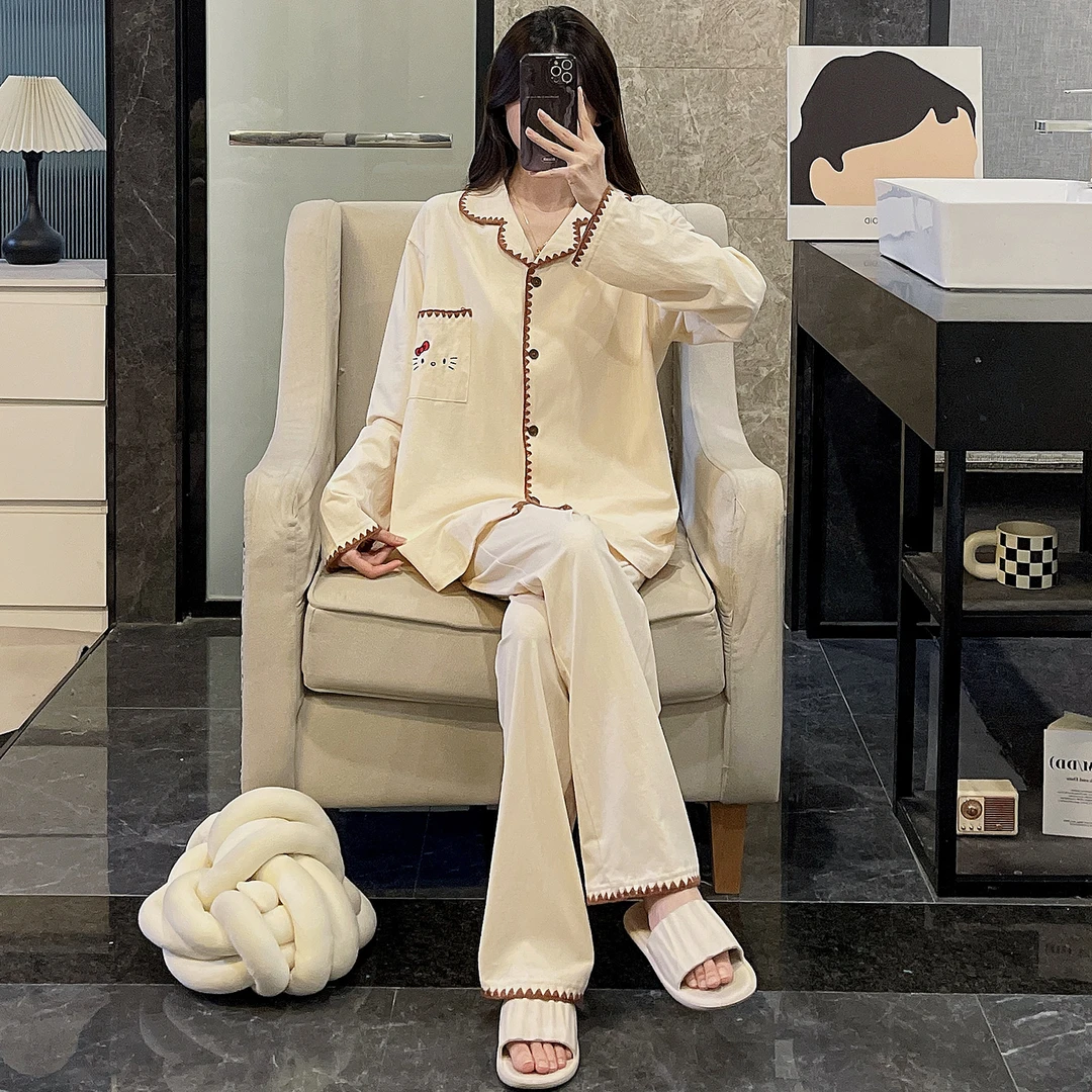 纯棉睡衣女春秋季长袖大码舒适2025新款家居服杏色猫咪可外穿套装