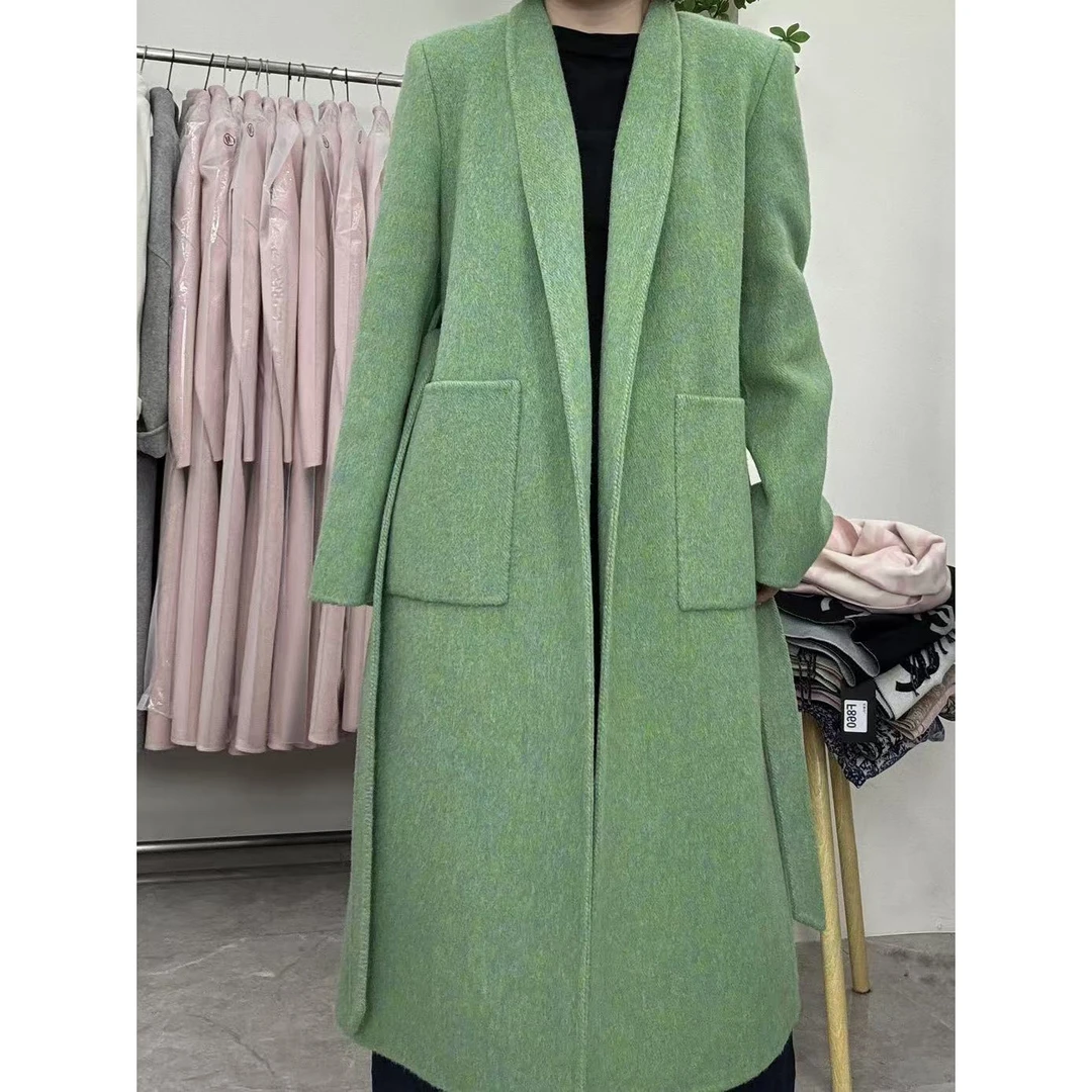 特价牦牛绒韩版直角垫肩高级感双面呢羊绒大衣加长款气质外套女