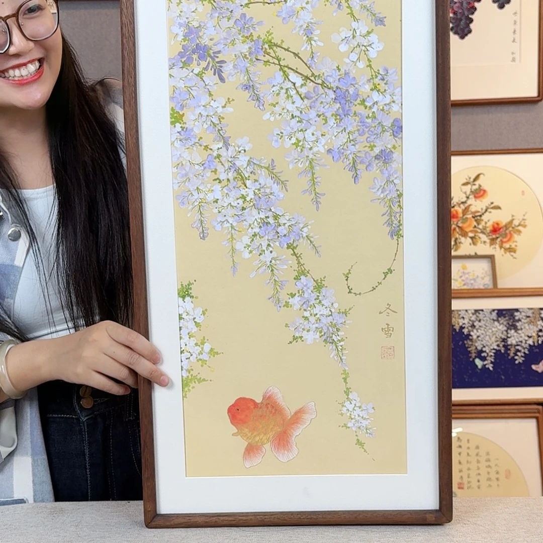 国画纯手绘，纯手写带框尺寸：36×69厘米