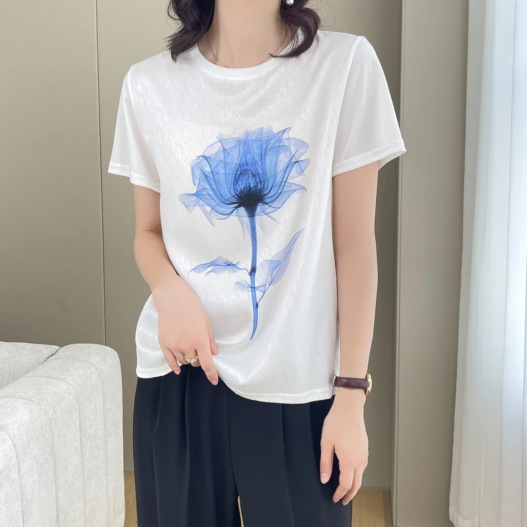 新款丝滑缎面冰凉感百搭时尚休闲女T恤AB拼接短袖1201