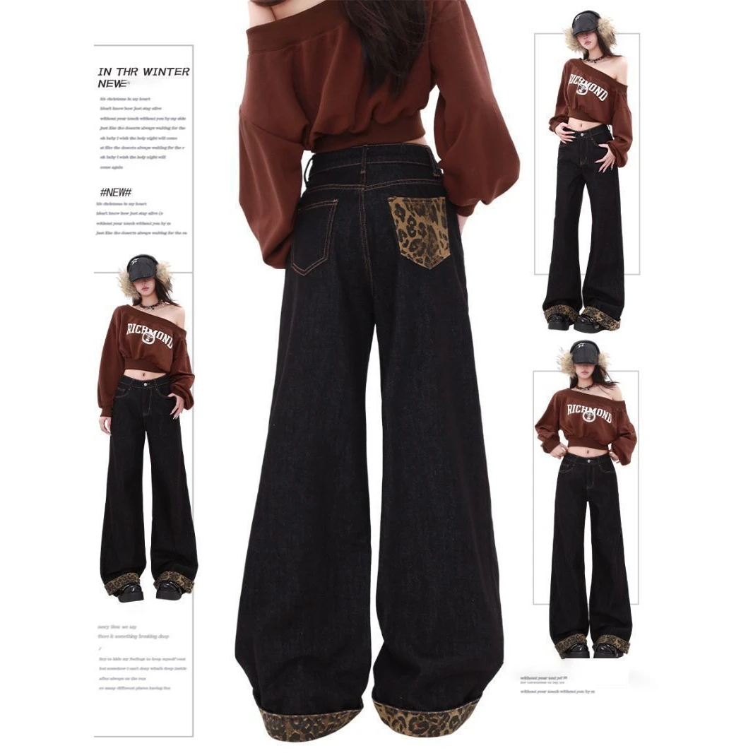 直筒裤高腰豹纹复古美式风做旧牛仔裤ins牛仔裤女款爆款2025新款