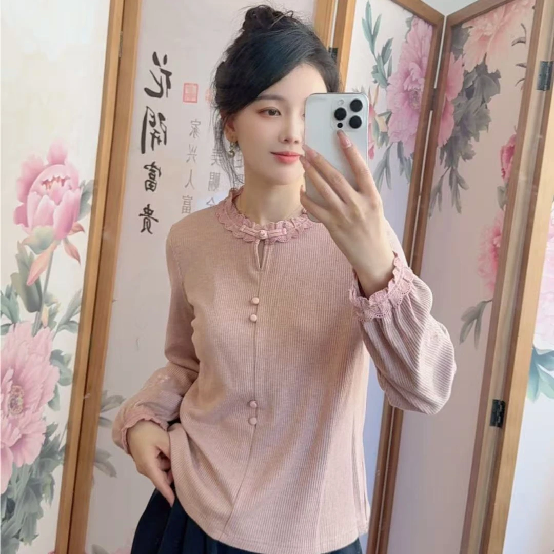 3308 国风中式刺绣盘扣打底衫2025秋冬新款时尚百搭长袖女士上衣