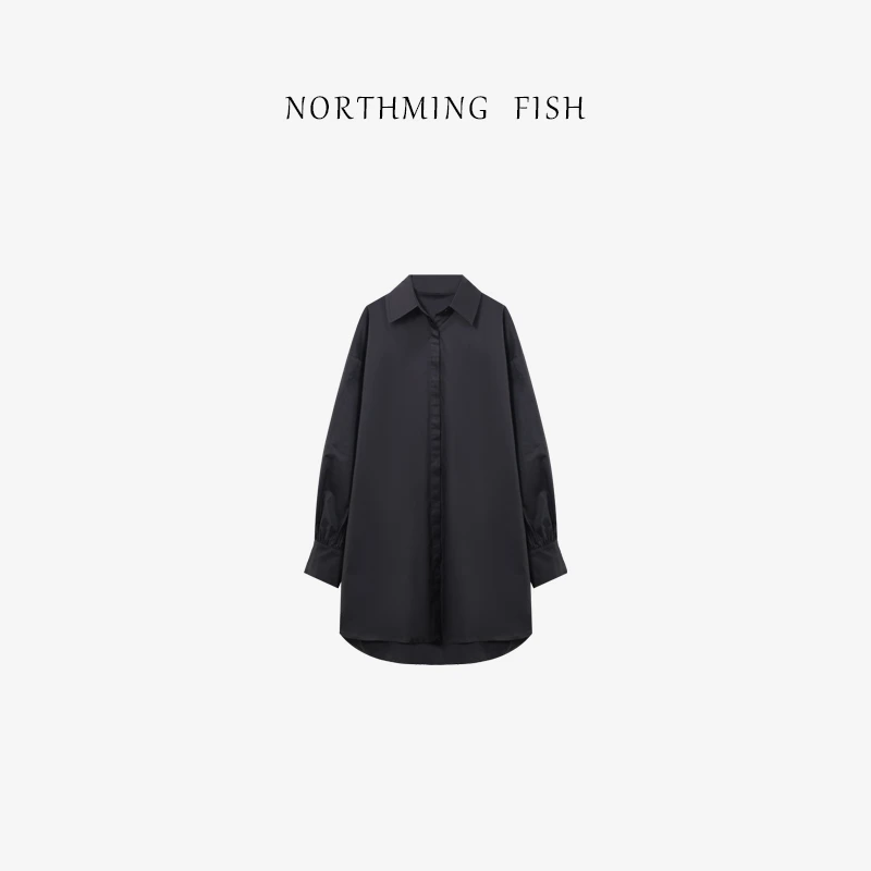 NORTHMING FISH「黑衬衫」简约高级感 黑色廓形春季长款衬衫