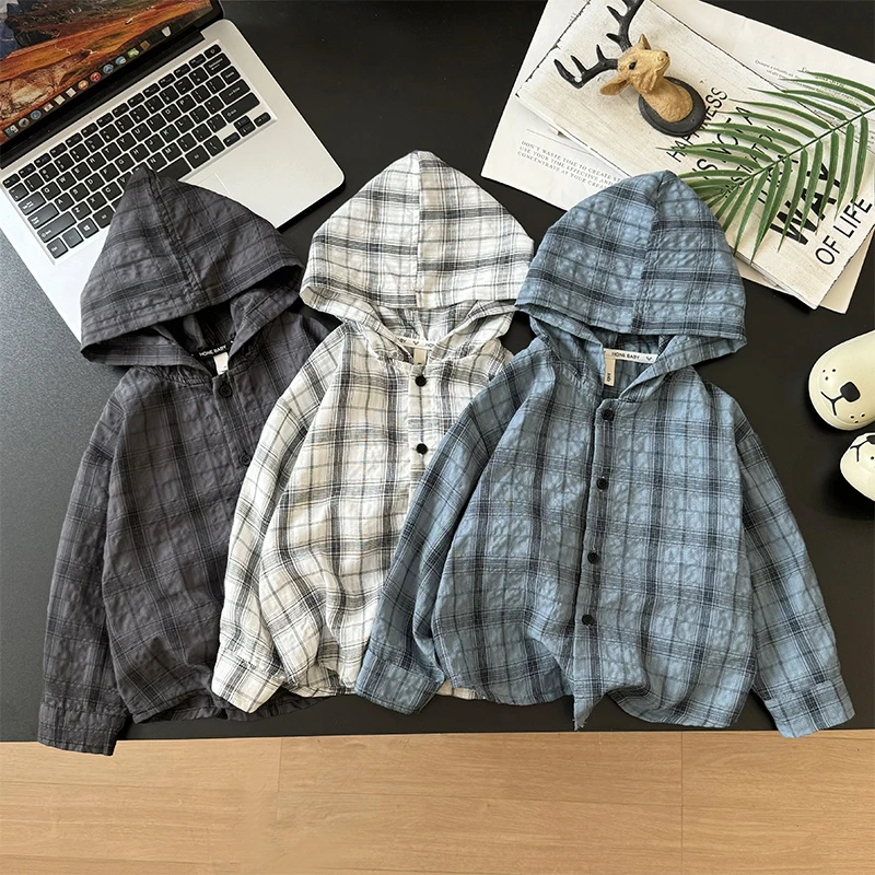 男童格子衬衫2025夏季新款韩版连帽纯棉防晒外套中小童薄款衬衣潮