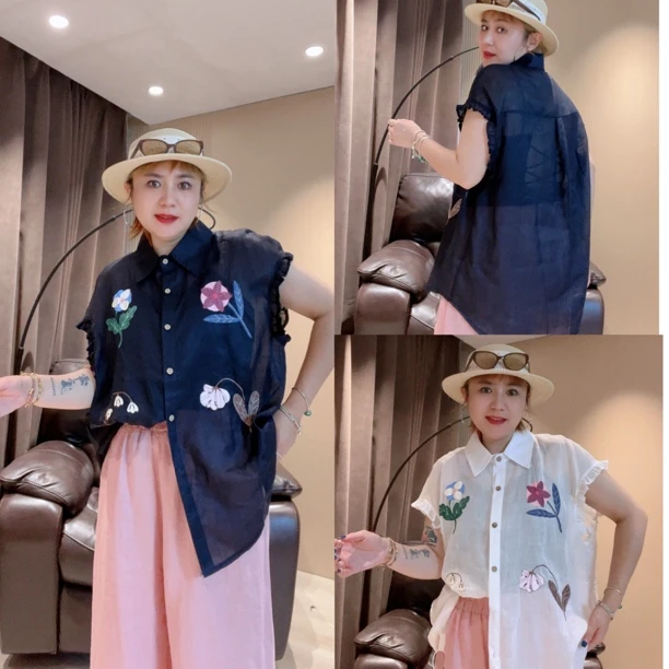 5168#夏季女士翻领木耳边小飞袖花朵印花衬衫（卡码拍大）