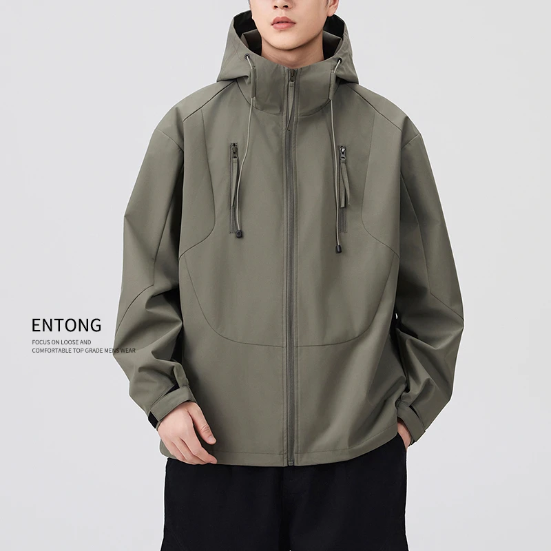 Entong双拉连帽夹克男生立体结构冲锋衣户外运动防风情侣夹克外套