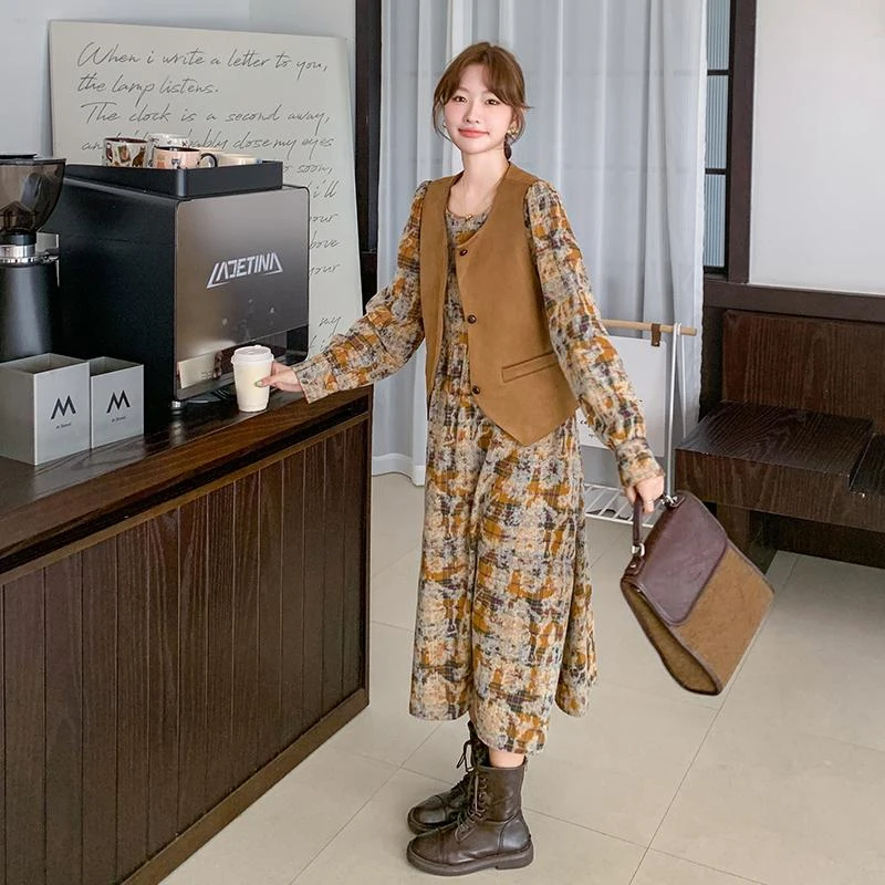 高腰长裙常规中长裙长袖连衣裙宽松腰圆领挂脖款春季