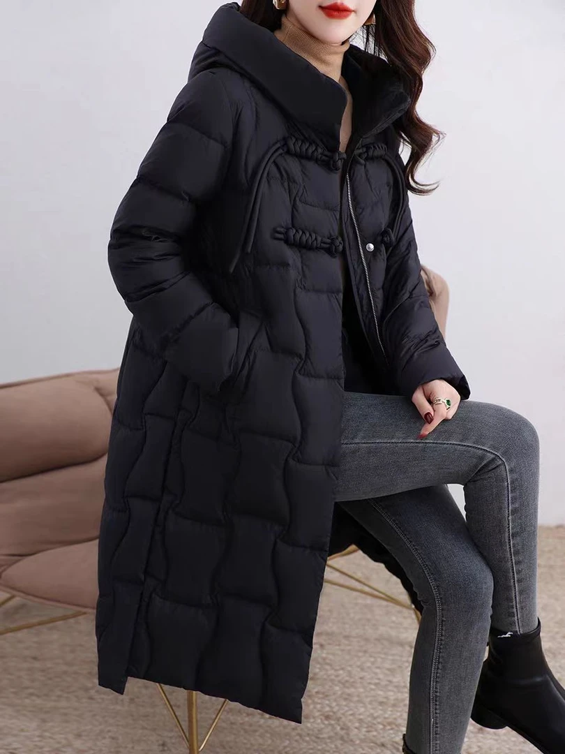 Y61233 中长款修身连帽拼接女时尚宽松大码长款厚款