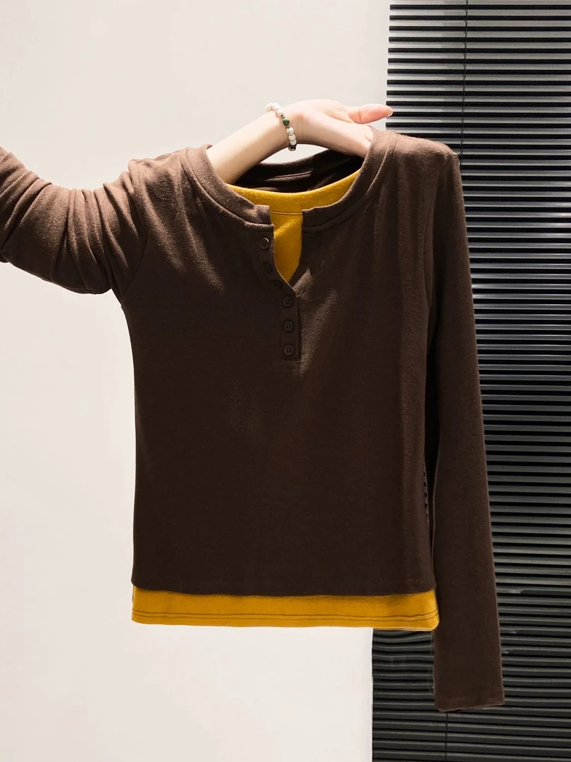 小众不撞衫假两件撞色长袖吸汗常规款韩系T恤秋冬圆领时尚