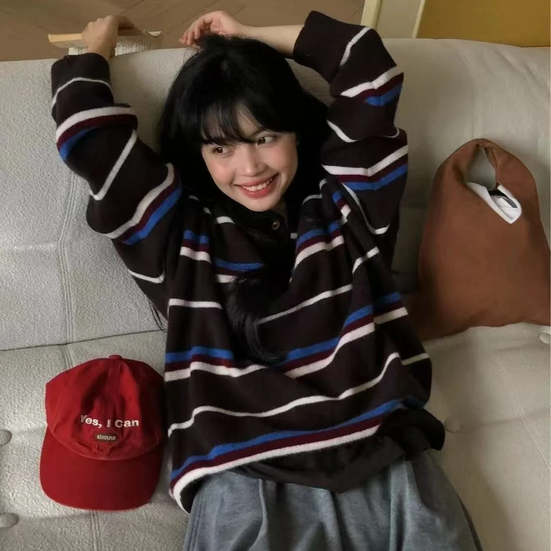 复古撞色条纹毛衣女2025新款百搭韩系休闲减龄上衣