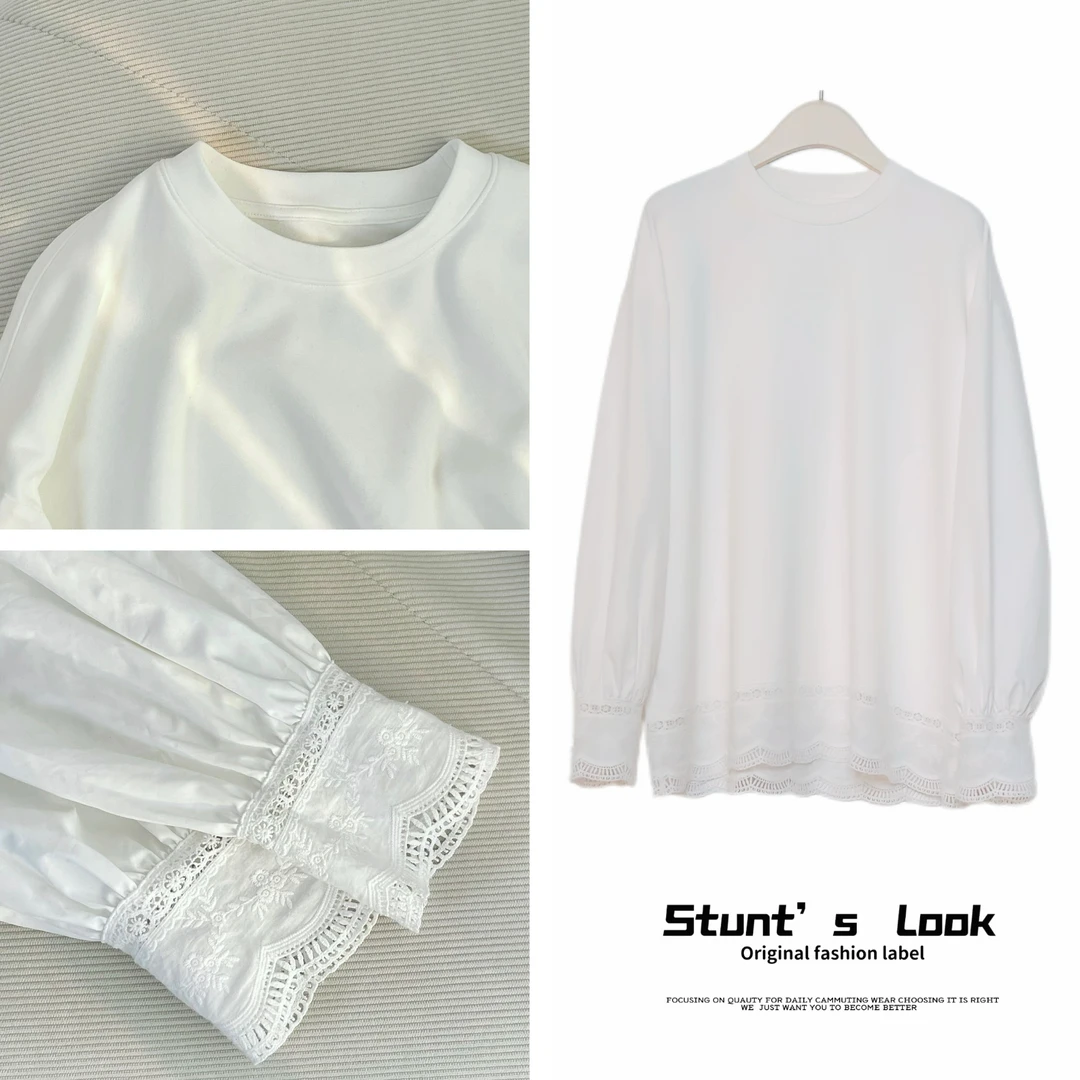 2025春季新款蕾丝花边底摆拼接加绒T恤1259