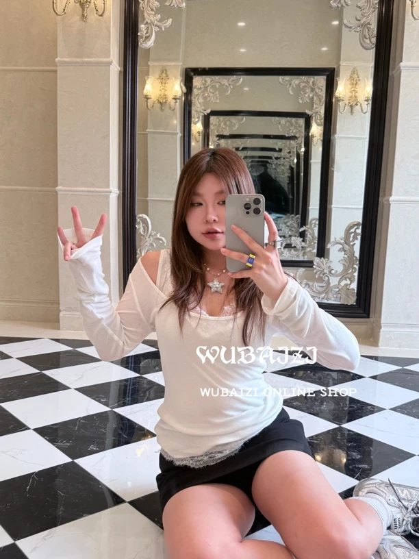 WUBAIZI  蕾丝上衣温柔纯欲设计感修身显瘦长袖打底衫